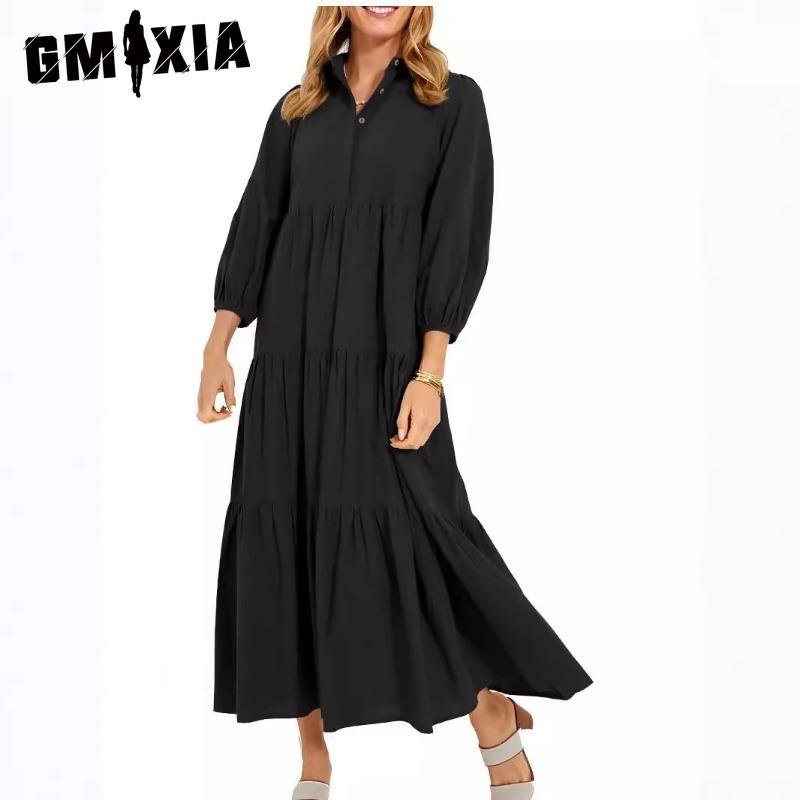 GMXIA Women's Fashion Spring Autumn Solid Color Print Long Sleeve POLO Neck High Waist Casual Dresses