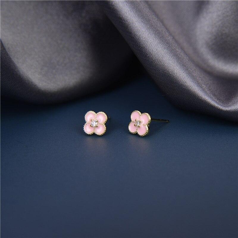 Серьги из стерлингового серебра S925, серьги-гвоздики с четырьмя листами клевера для женщин, розовая наклейка из смолы, украшения для ушей