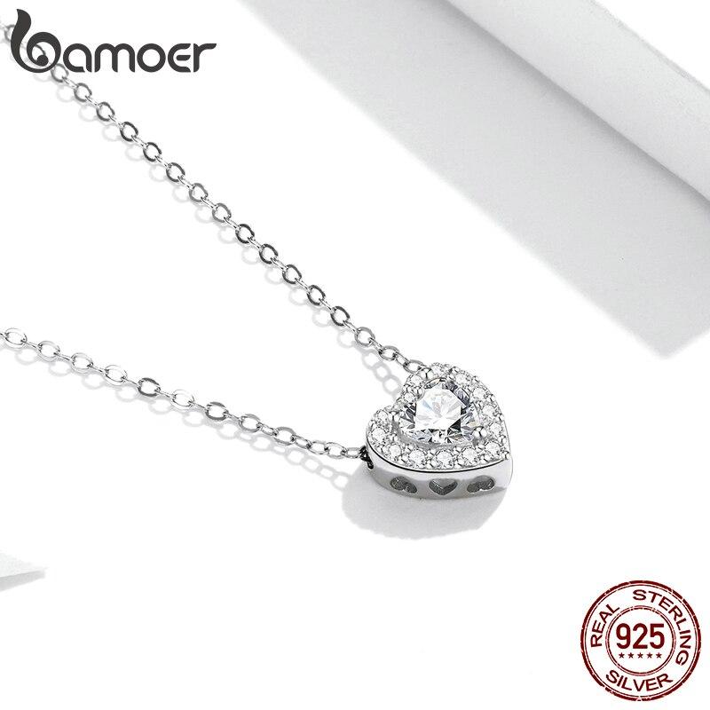 925 Sterling Silver Bright Love Necklace Chain Dazzling Shiny Heart Shape Crystal Charm Wedding Engagement Jewelry