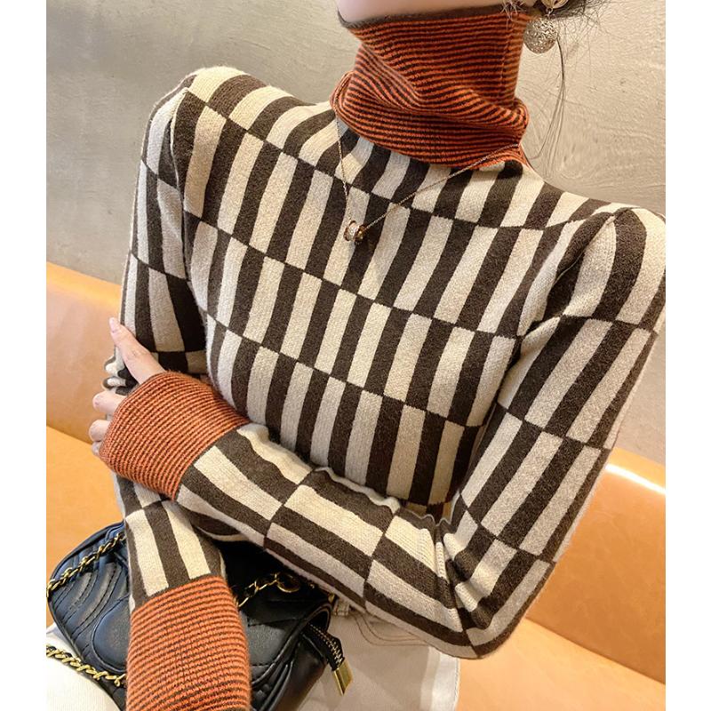 Водолазка с подобранными по цвету полосками, пуловер в стиле пэчворк, женский свитер на осень и зиму, трикотажный базовый свитер, женский внутренний топ