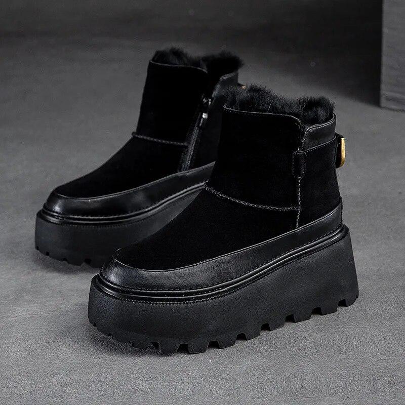 Johnature Зимние ботинки на толстой подошве с плюшевой теплой боковой молнией, универсальная однотонная женская обувь в стиле ретро