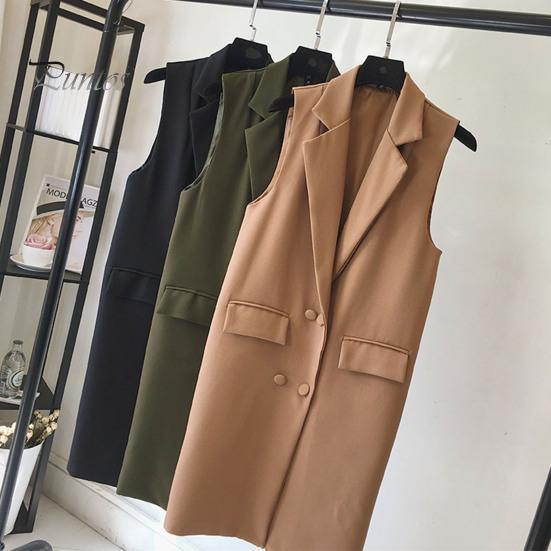 Осень-весна женский жилет с отложным воротником двубортный свободный без рукавов до колена карманы кардиган сплошной цвет повседневная одежда жилет пальто