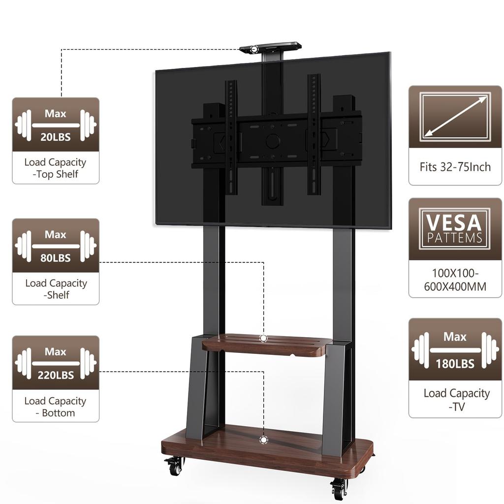 Mobile TV Cart for 32-75 Inch Screens, Movable Rolling Floor TV Stand with Shelf Locking Wheel, Height Ajustable Heavy-Duty