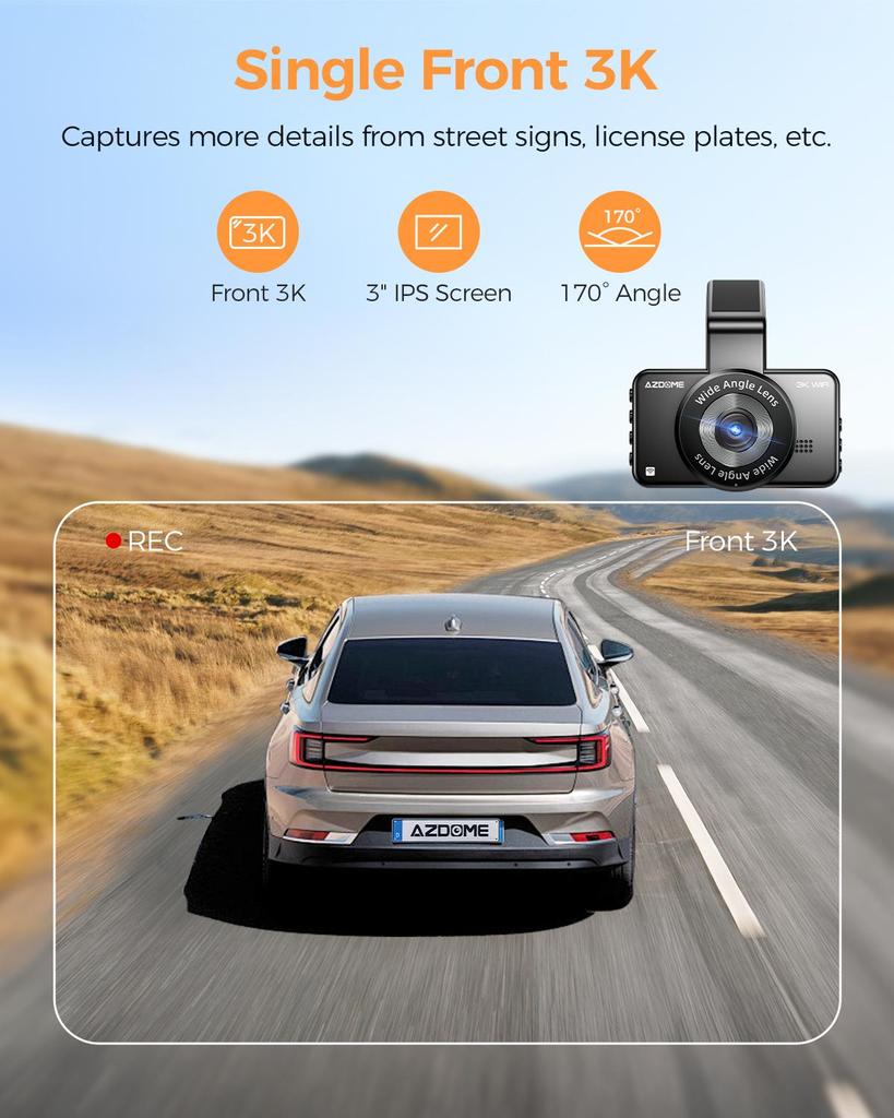 AZDOME WiFi Dash Cam M17 Pro с 2 камерами, 2K+1080P спереди и сзади, 3-дюймовым IPS-экраном, ADAS, бесплатной картой памяти на 64 ГБ