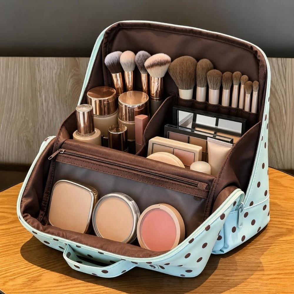 Multi-layer Polka Dot Stand-up Cosmetic Bag Waterproof Handbag Stylish Makeup Organizer For Women