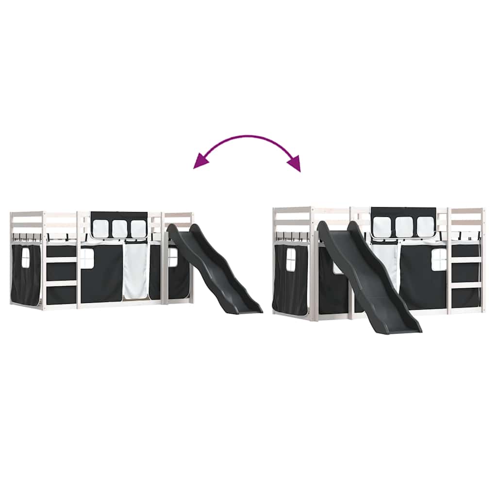 Bunk Bed with Slide and Curtains White and Black 90x200 cm