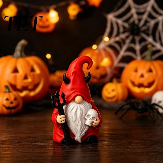 Handmade 3D Printed Crafts Halloween Devil Gnome Statue, Red Hat Figurine, Gothic Yard Landscaping Decor Dwarf Tabletop Ornament for Indoor