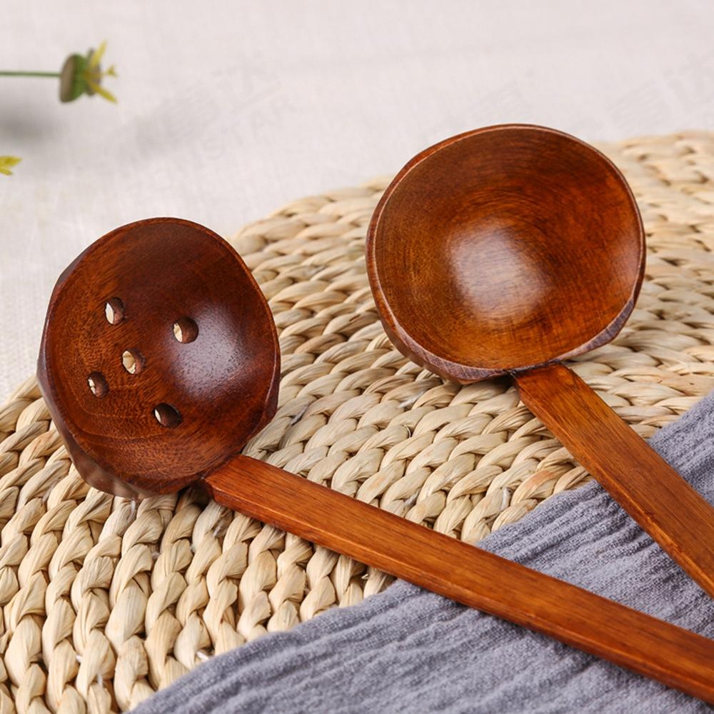 Nature Long Handle Colander Wooden Ladle Soup Spoon Slotted Spoon Ramen Spoon Kitchen Utensil Tool
