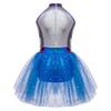 Girls Alien Costume Sequins Shiny Metallic Halter Sleeveless Built-In Crotch Press Buttons Briefs Mesh Tutu Dress