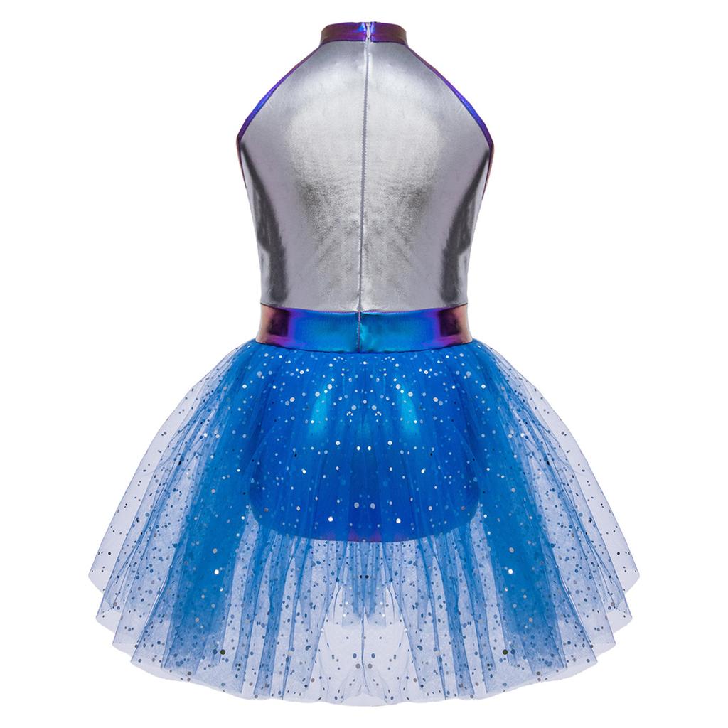 Girls Alien Costume Sequins Shiny Metallic Halter Sleeveless Built-In Crotch Press Buttons Briefs Mesh Tutu Dress