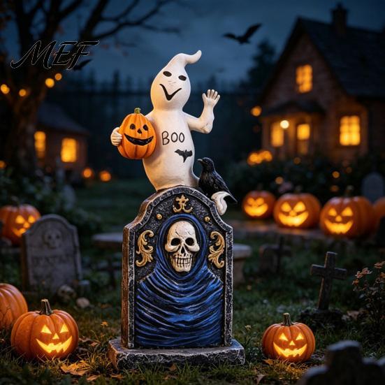 Spooky Home Interior Decor Halloween Tombstone Figurine, Resin Ghost Pumpkin Crow on Hand Painted Party Supplies Statue for Desktop Haunted