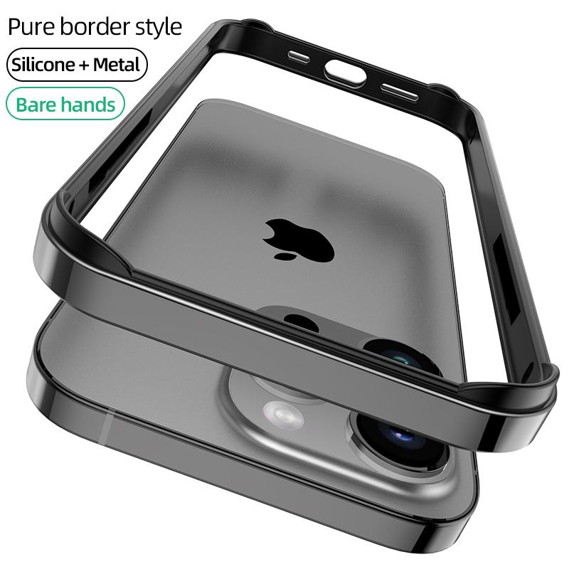 Hybrid Silicone Frame Aluminum Metal Phone Case for iPhone 16 15 14 Plus 13 12 11 Pro Max Xs Xr Anti-Fall Corners Bumper Cover