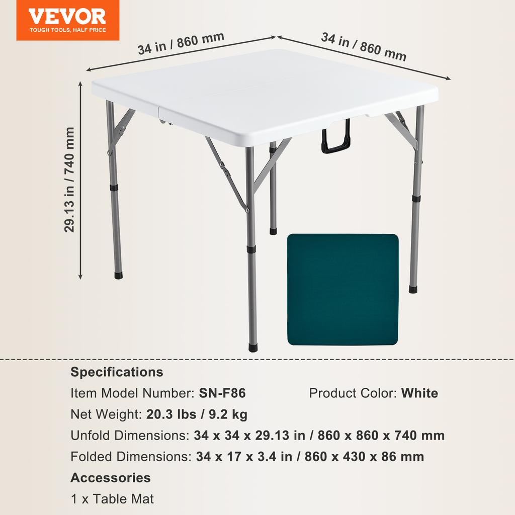 VEVOR Fold-in-Half 4 Player Card Table with Wear-Resistant Green Tabletop & Carrying Handle for Camping Picnic Party 34 X 34-in