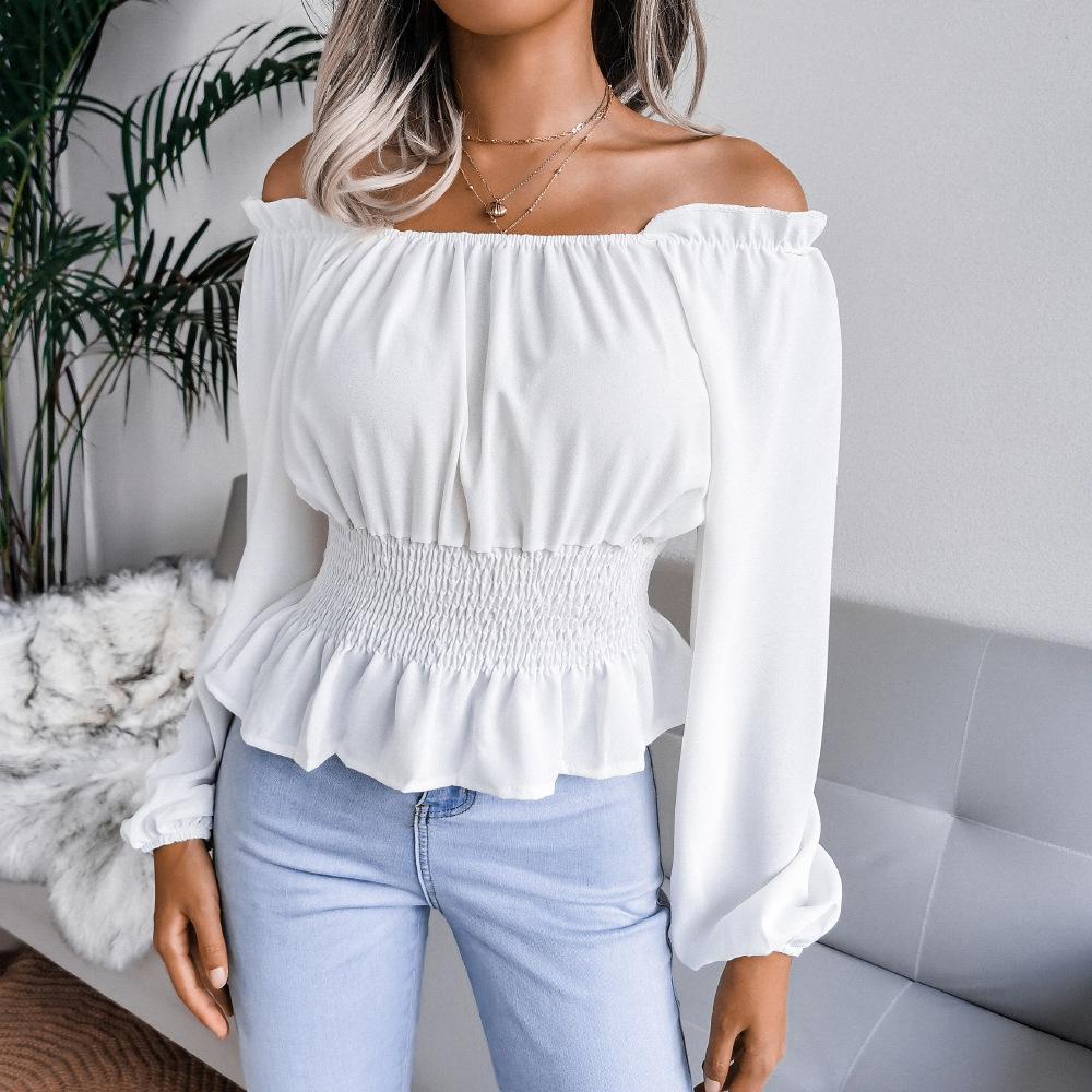 Весенне-осенняя женская блузка с длинным рукавом, сексуальная шифоновая блузка без бретелек с одним вырезом и оборками, топы