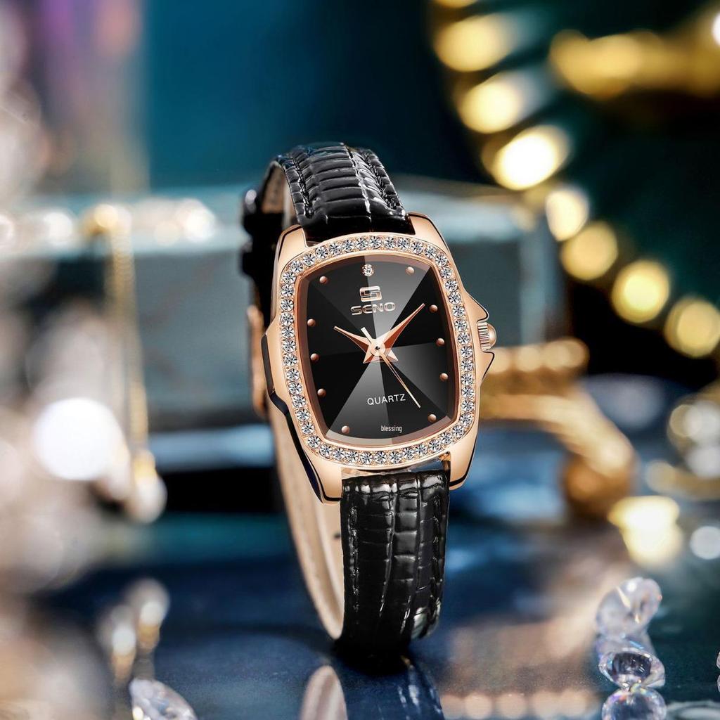Женские часы SENO Retro Square Diamond с кожаным ремешком - Простой дизайн с кварцевым механизмом и бриллиантами.