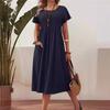 Women's Long Skirt European And American Style New Solid Color Round Neck Pocket Pleated Short-sleeved Cotton And Linen Dress