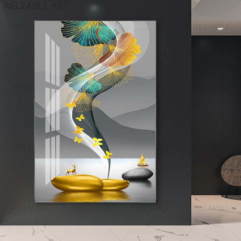 Абстрактные красочные принты с листьями гинкго билоба, современная картина на холсте, HD настенный художественный постер для гостиной, галереи, украшение для дома