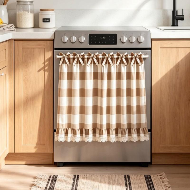 Modern Minimalist Gingham Oven Curtain Kitchen Stove Short Tiered Window Valance Cabinet Or Shelf Decor