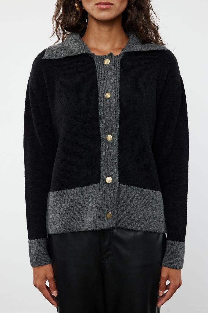 Women's Elegance Style Cardigan Anthracite Soft Textured Color Block Knitwear Cardigan