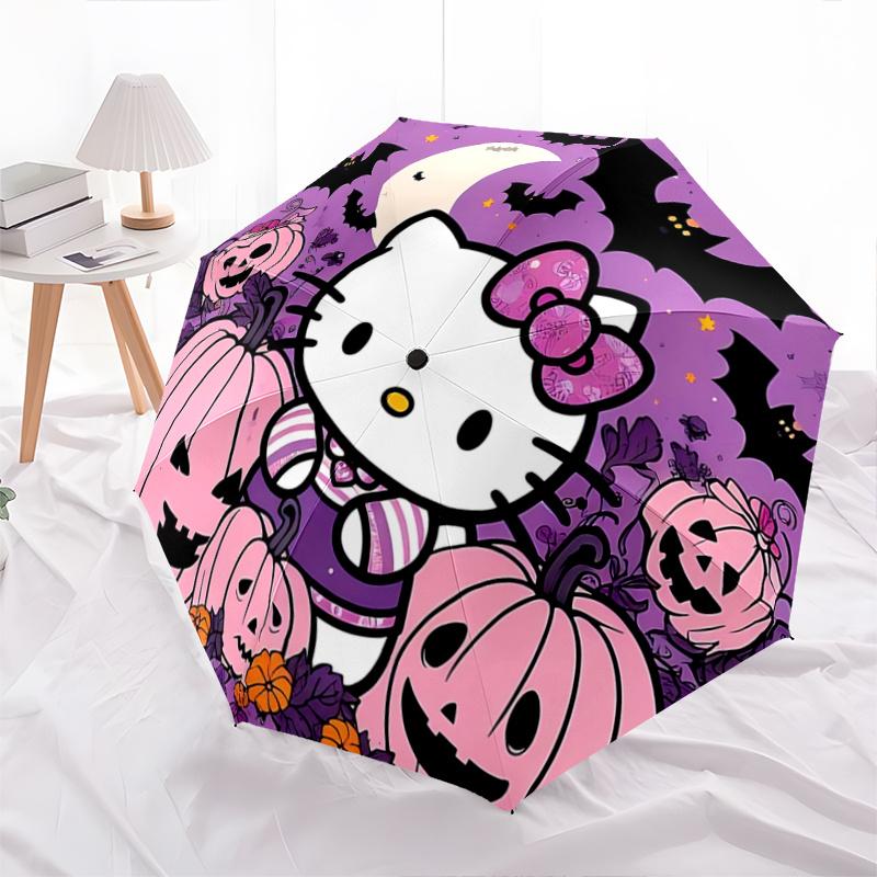 1pc Halloween Hello Kitty Automatic Folding Umbrella - Portable 3-Fold Design with 8-Bone Iron Frame, Perfect Holiday Gift for Fans, Travelers, Everyd