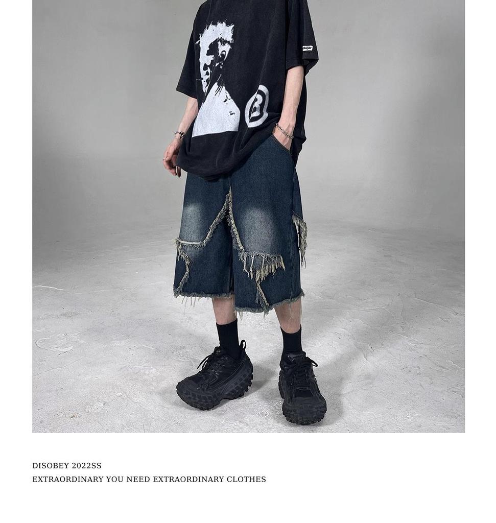 Мужские модные ретро-шорты из синего денима с необработанным краем — свободный крой, уличный стиль