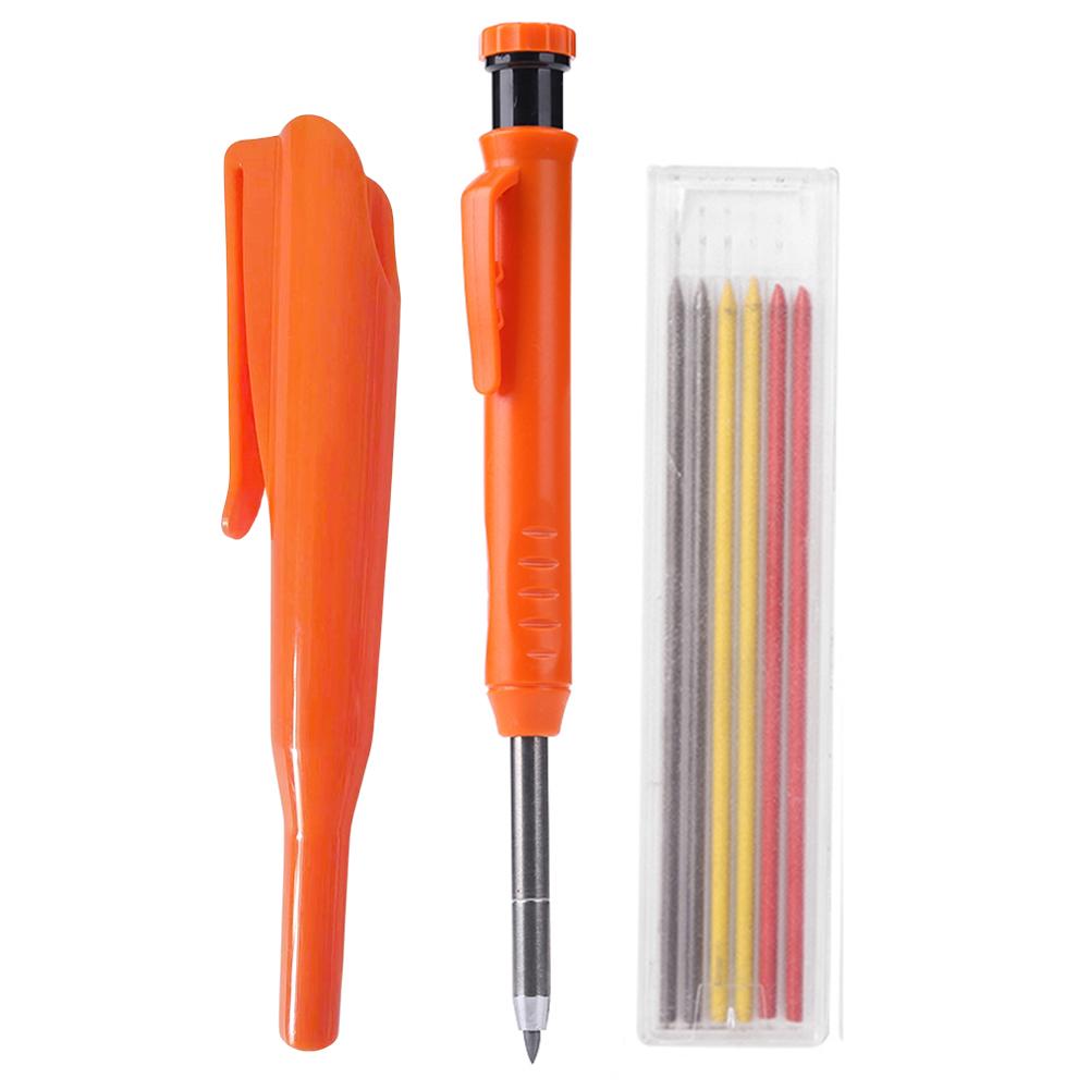 Solid Carpenter Pencil Set with 6 Refill Lead Deep Hole Marking Pencil Built-in Sharpener Ergonomic for Woodworking Architect