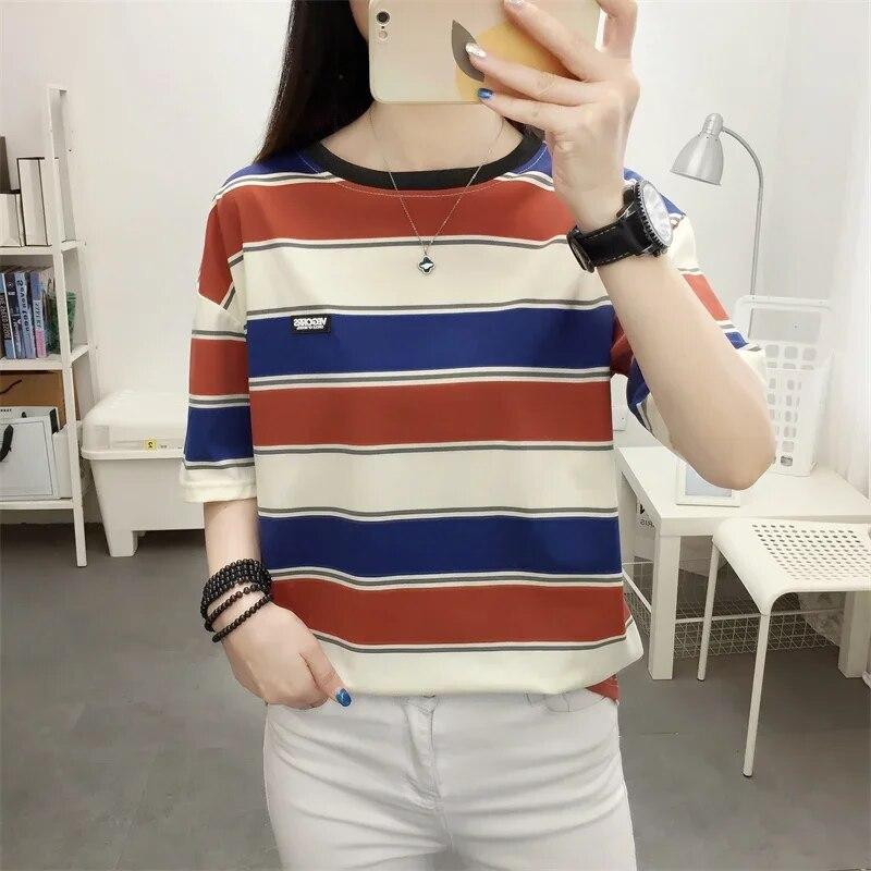 Женский летний этнический винтажный топ с короткими рукавами, полосатый круглый вырез, короткий рукав, большой размер, свободный пуловер