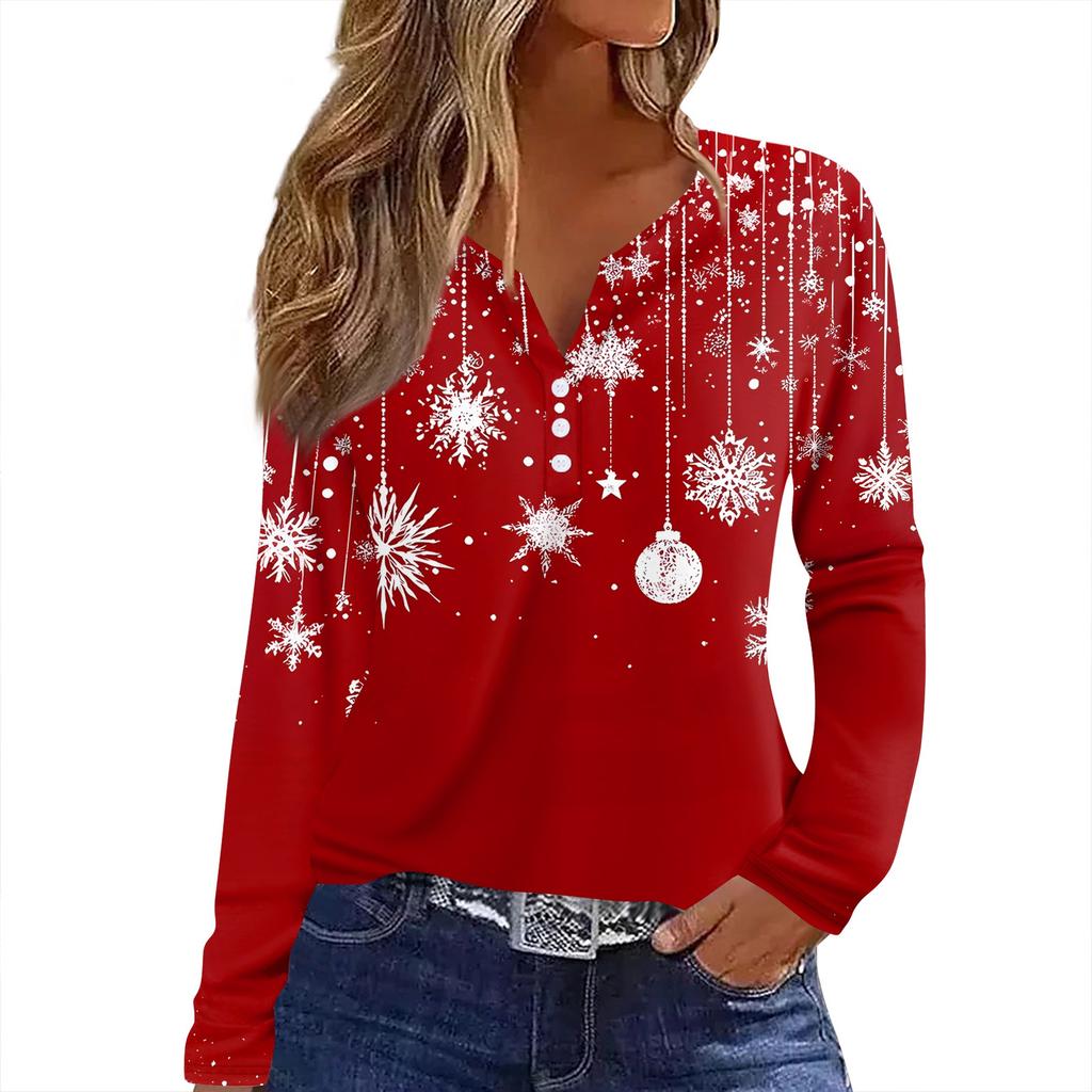 Женская футболка с рождественским принтом на пуговицах с длинным рукавом, повседневная, выходного дня, модная, базовая, с V-образным вырезом, обычная