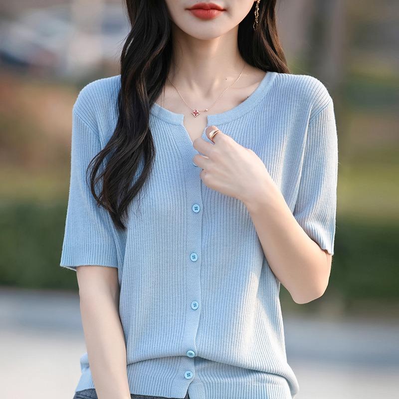 Women's Spring and Summer New Thin Short-sleeved Worsted Soft Knit Cardigan T-shirt Open Collar Small Shirt