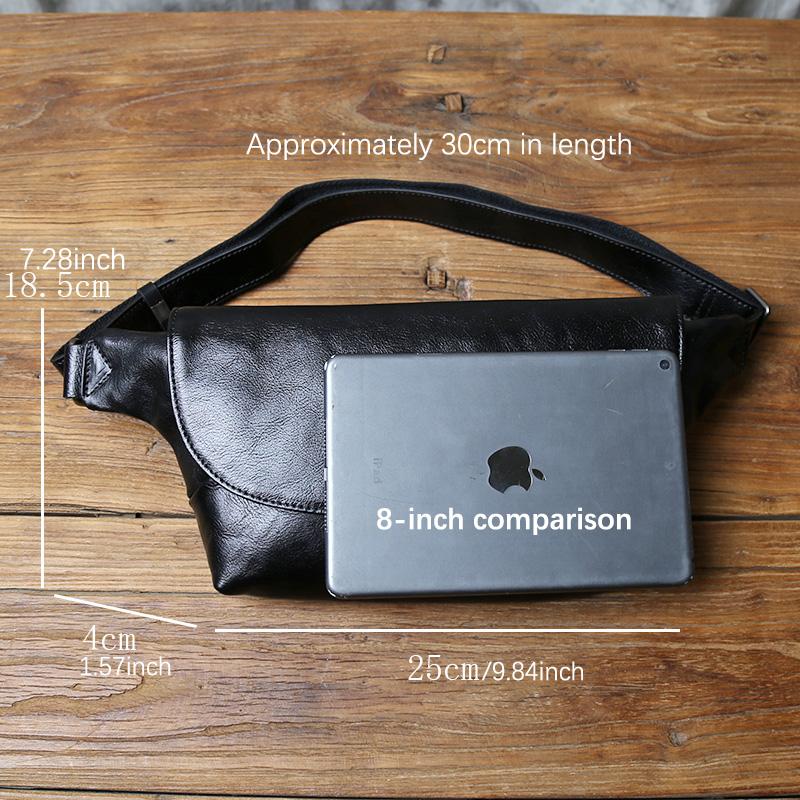 NZPJ Genuine Leather Men's Chest Bag Leisure Top Layer Cowhider Messenger Bag Black Tablet Computer Bag For 8-Inch IPad