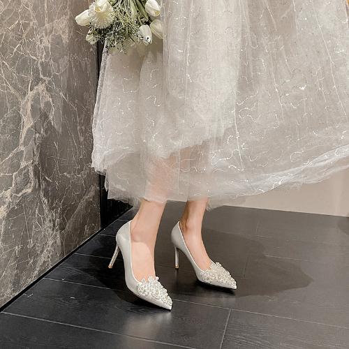 White Wedding Shoes for Bride Pointed Toe High Heels Rhinestone Pearl French Satin Bridal Party Shoes