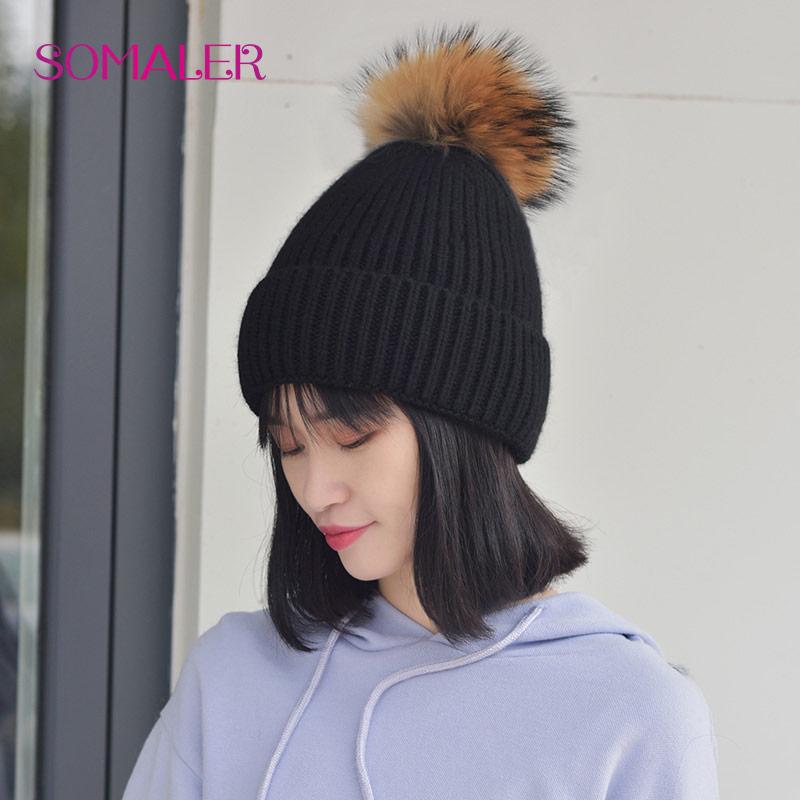 SOMALER Зимняя вязаная шерстяная шапка с меховым помпоном для девочек, женская модная пушистая теплая шапка-бини с манжетами и помпоном, женская осенне-осенняя повседневная кепка