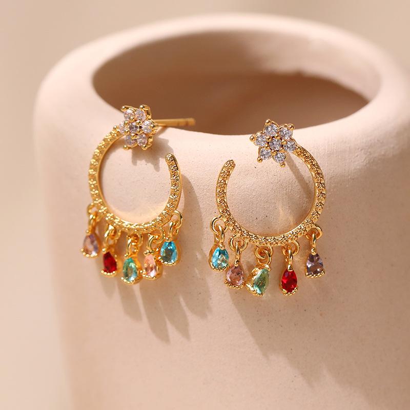 Zirconia Stud Earrings Brass Plated 18K Boho Vintage Textured Earrings