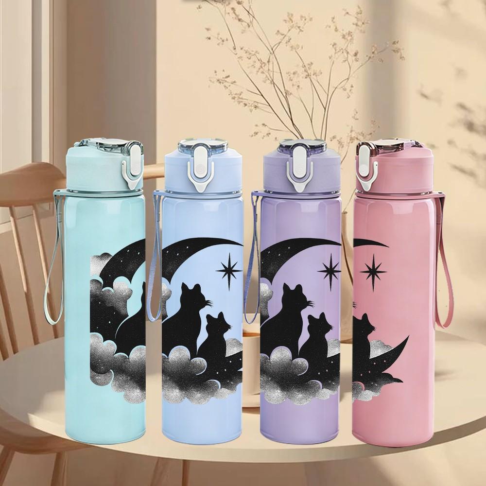 1PC Cat Moon Night Silhouette 750ml Color Plastic Sports Water Bottle Leakproof Flip Straw Lid Suitable for Sports Office Home Use
