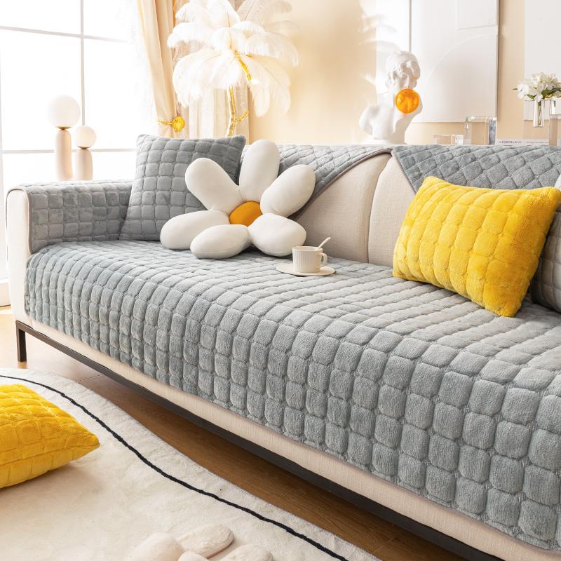 Solid Color Plush Sofa Cushion for Autumn and Winter Warmth, Thickened Anti Slip Pet Friendly Sofa Protective Cover