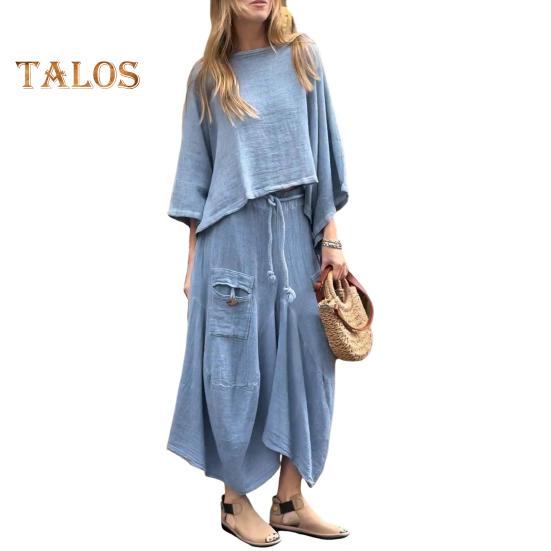 2 Pcs/Set Women Top Skirt Suit Round Neck Three Quarter Sleeve Slant Hem Vintage Top Drawstring Elastic Waist Loose Irregular Maxi Skirt Spring Daily
