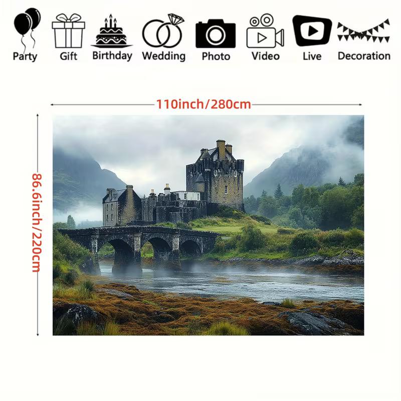 2D Eilean Donan Castle Tapestry, Misty Scottish Highlands Background