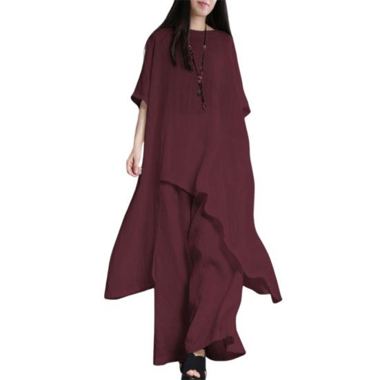 Yousheng комплект из 2 предметов: хлопковый лен, топы, брюки, комплект с круглым вырезом, рукавами до локтя, неровный подол, топы с высокой талией, длинные брюки, комплект, однотонный повседневный наряд