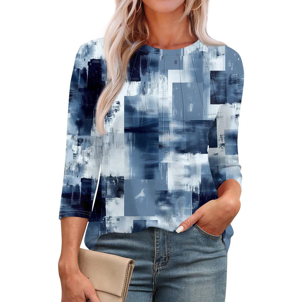 Женская модная повседневная футболка с круглым вырезом и рукавом семь четвертей в стиле ретро с принтом, плиссированная футболка