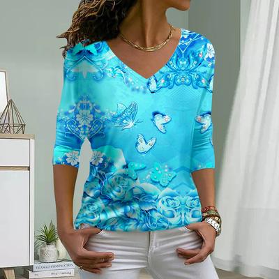 Роза Бабочка Принт Женские Футболки Женские Топы Длинные Рукава V-образный Вырез Пуловер Femme Футболки Футболка Для Женщин