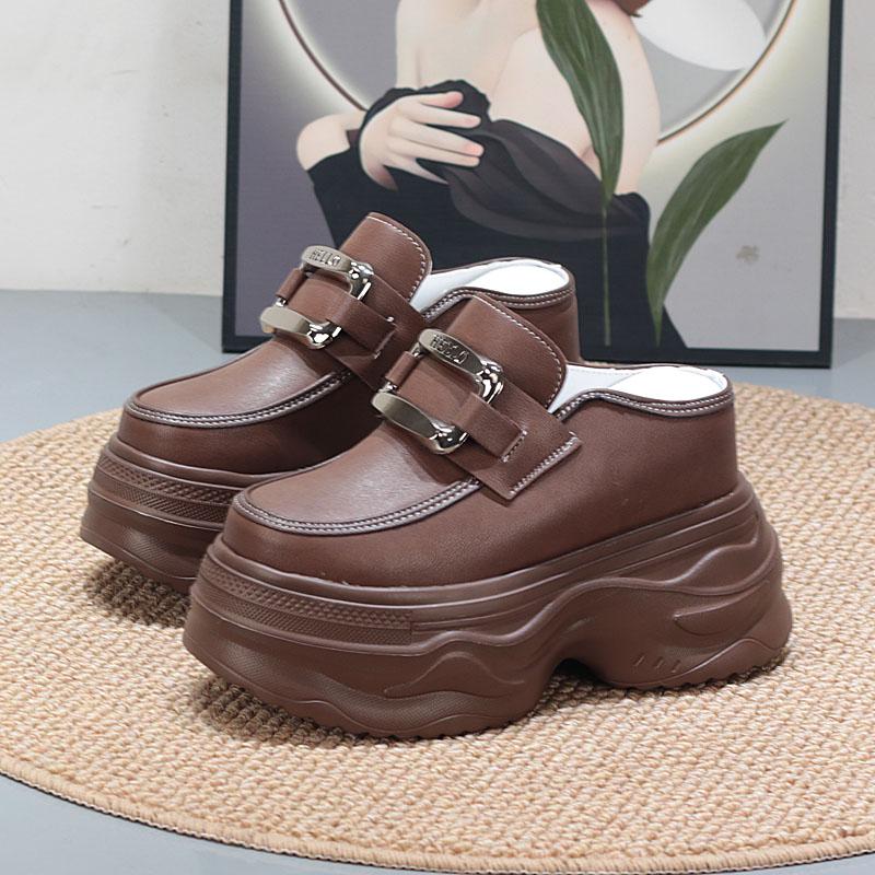 Fashion 12CM Leather Platform Wedge Slippers Round Toe Breathable Slip On Pumps Synthetic Mary Jane Flats Fashion Shoes