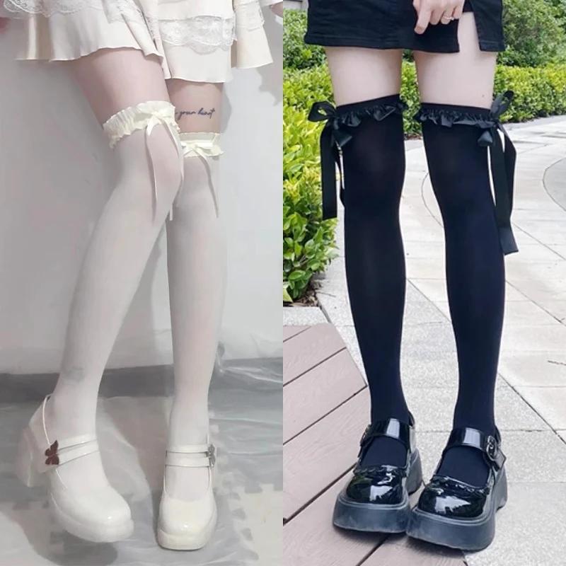 Women Lace Black White Ruffle Long Socks Women Girls Sweet Stockings JK Lolita Nylon Lace Leggings Over The Knee Bowknot Hosiery