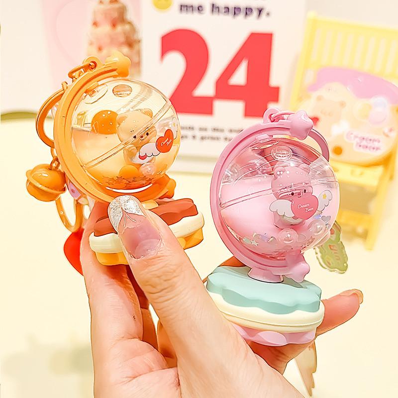 Розовый и очаровательный оранжевый акриловый брелок-глобус с кремовым мишкой, милый мультяшный аксессуар