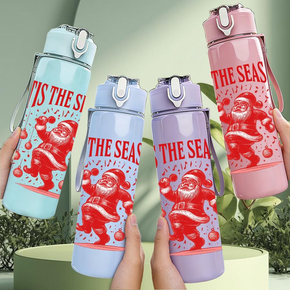 1PC Tis The Season Santa Print 750ml Color Plastic Sports Water Bottle Leakproof Flip Straw Lid Suitable for Sports Office Home Use