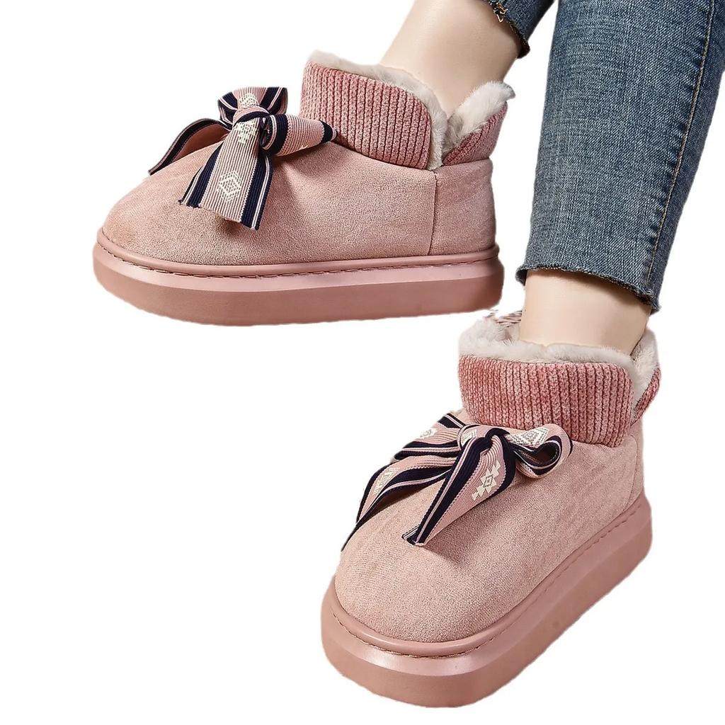 Fashion Snow Boots Women 2024 Winter New Bow Wrap with Cotton Shoes Warm Plus Fleece Flat Woolen Cotton Shoes