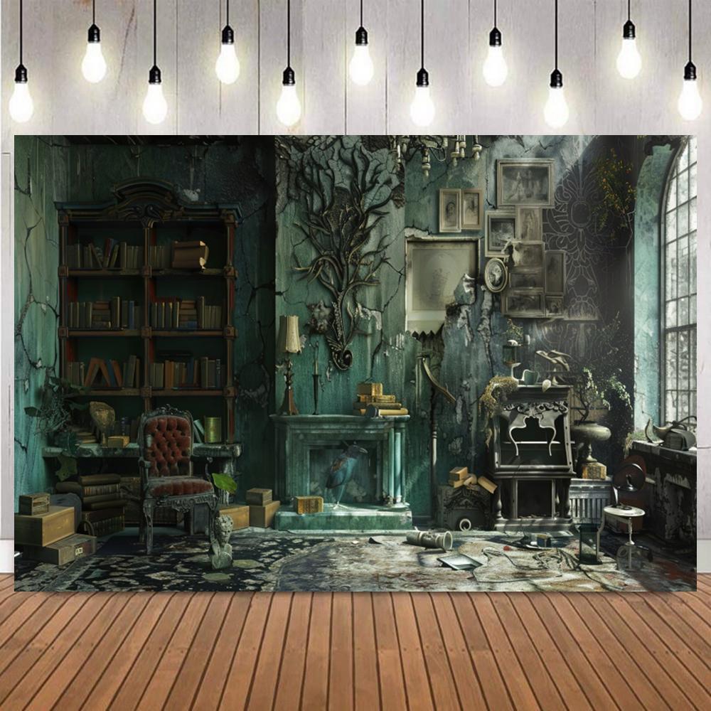 Halloween Broken Abandoned Library Theme Photo Background Spider Web Skull Family Friends Party Decoration Photography Backdrop