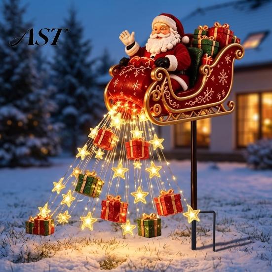 Decorative Christmas Garden Path Markers Santa Sleigh Figurine Light, Solar Powered Stake Outdoor Accents Pouring Gifts Stars Light for Yard