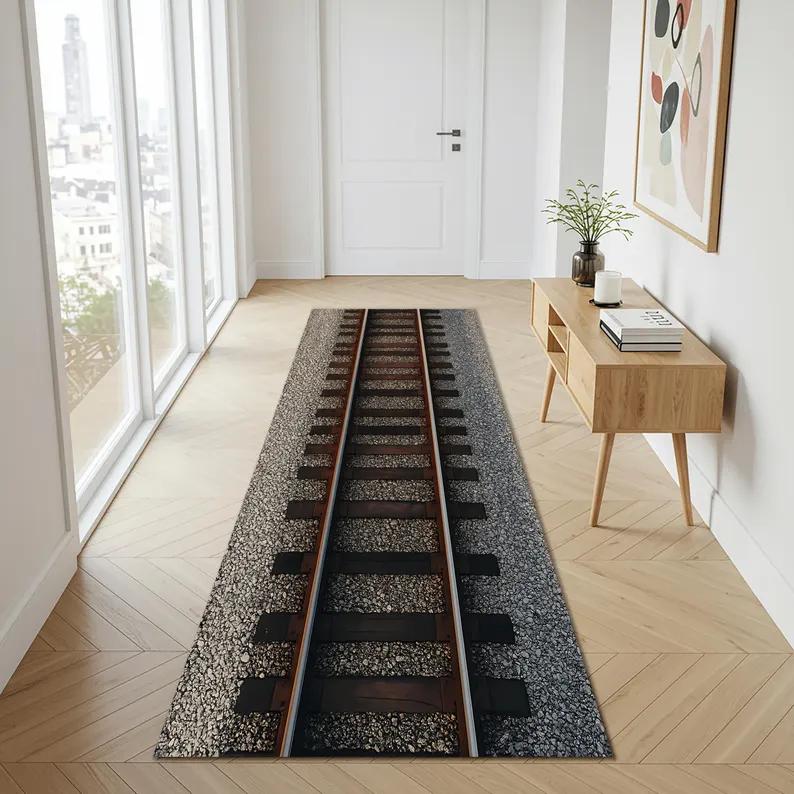 1pc Carpet Runner Floor Mat Visual Art Train Track Rectangular Carpet in Living Room Aisle Kitchen and Bathroom Bedroom Rugs