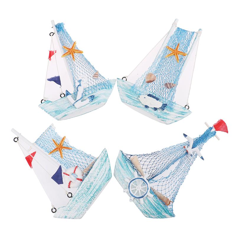 1PCS Mediterranean Style Marine Nautical Wooden Blue Sailing Boat Ship Wood Crafts Ornaments Party Home Decoration