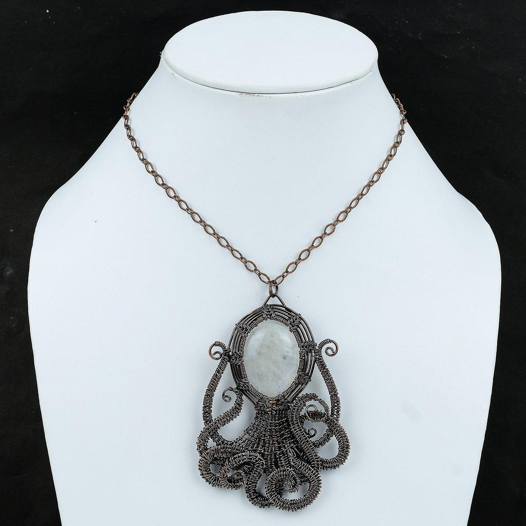 Rainbow Moonstone Pendant Copper Wire Wrapped Gemstone Pendant Octopus Pendant Copper Wire Wrap Jewelry Gift For Her Handmade Unique Pendant